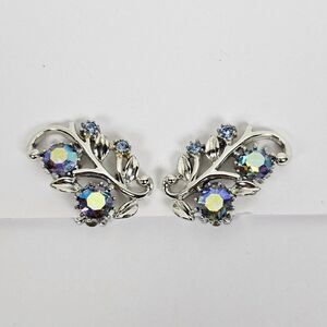 Coro Blue AB Aurora Borealis Rhinestone‎ Clip On Silver Tone Leaf Earrings Vtg